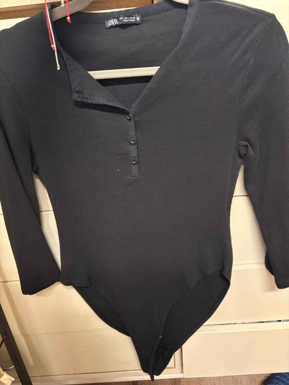 Zara Black Ribbed Henley Long-Sleeve Bodysuit